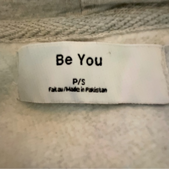 Be You Hooded Sweatshirt Grey With Black Tie Cropped Cut Off Pullover Size SP - Picture 10 of 12